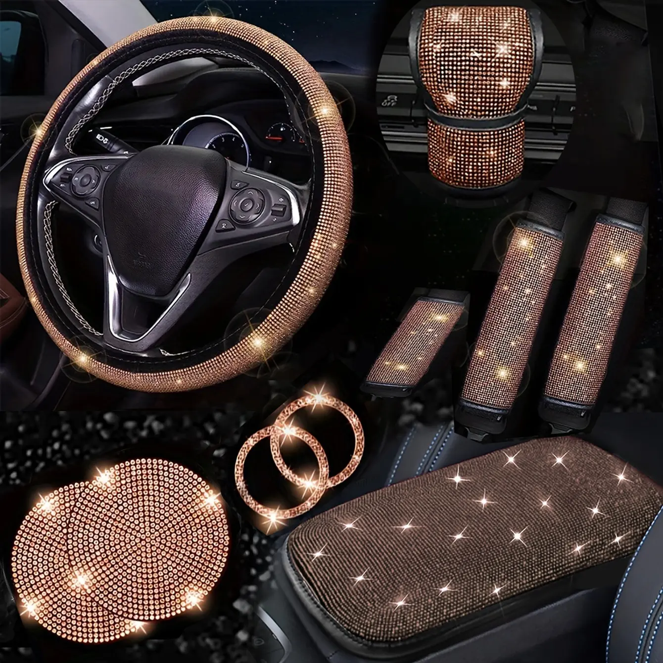 10-Piece Car Interior Set, Bling Car Accessories, Diamond Steering Wheel Covers, Sparkling Rhinestone Seat Belt Clips, Gear Shift Cover, Cup Mat, Fits Most Cars