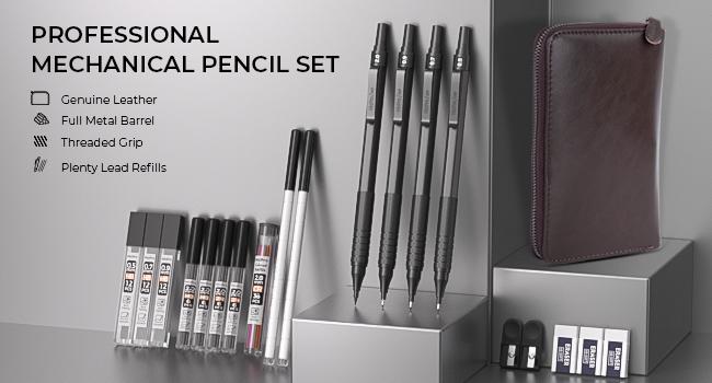 Nicpro 6Pack Black Metal Mechanical Pencils Set in Leather Case, Art Drafting Pencil 0.5, 0.7, 0.9 mm, 2mm Lead Pencil Holders with 16 Tube (6B 4B 2B HB 2H 4H Colors)Lead Refills