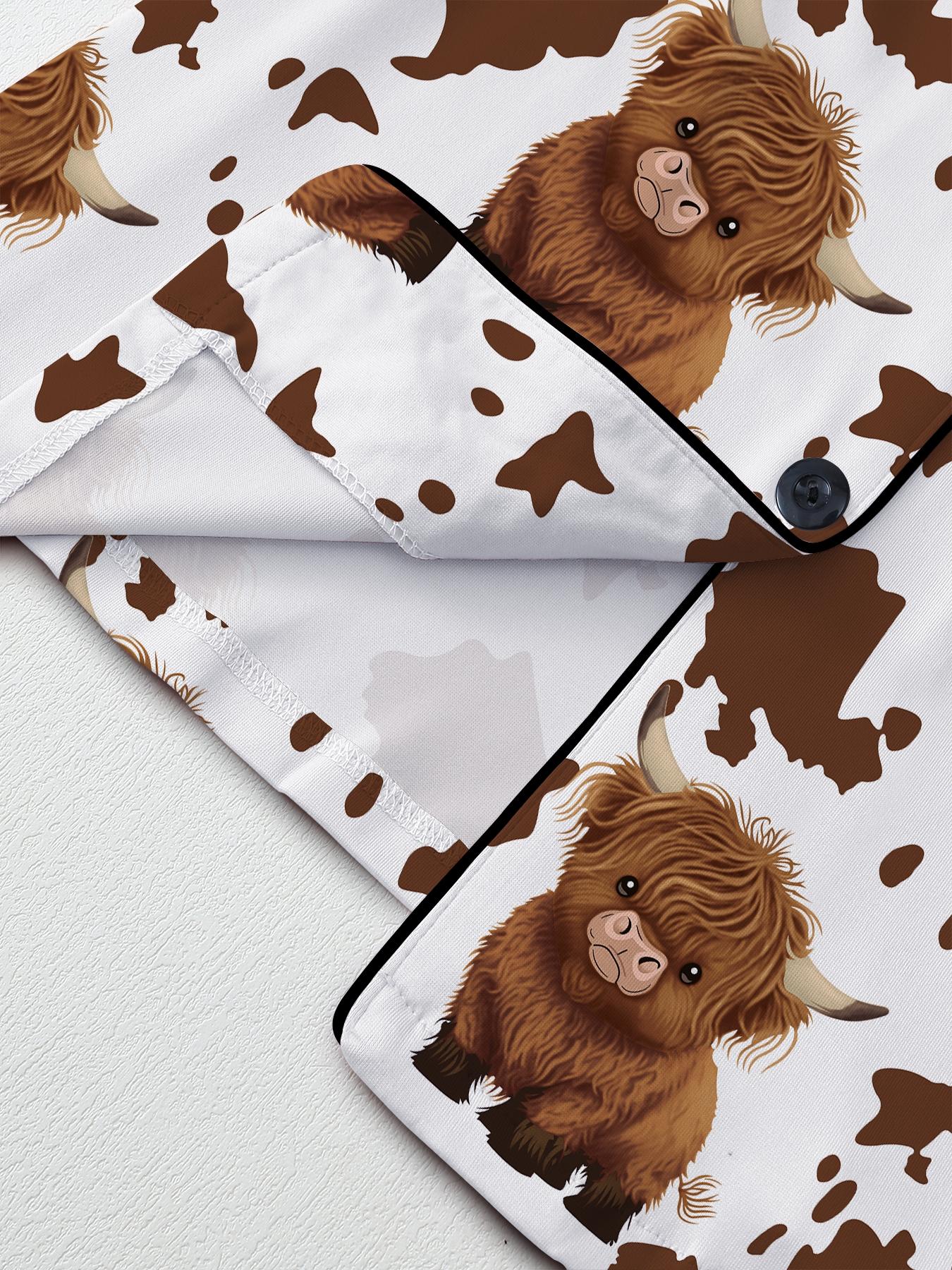 Valentine's Day Women's Sleepwear Pajama Loungewear Set, Comfortable Cute Elastic Highland Cow Milk Cow Pattern Shirt and Pants Two-Piece Suit