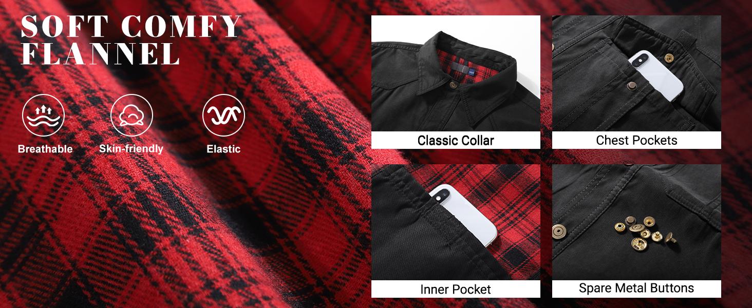 Men's Flannel Lined Shacket Lightweight Warm Snap Western Plaid Shirt Jacket for Outdoor Cowboy Casual Work