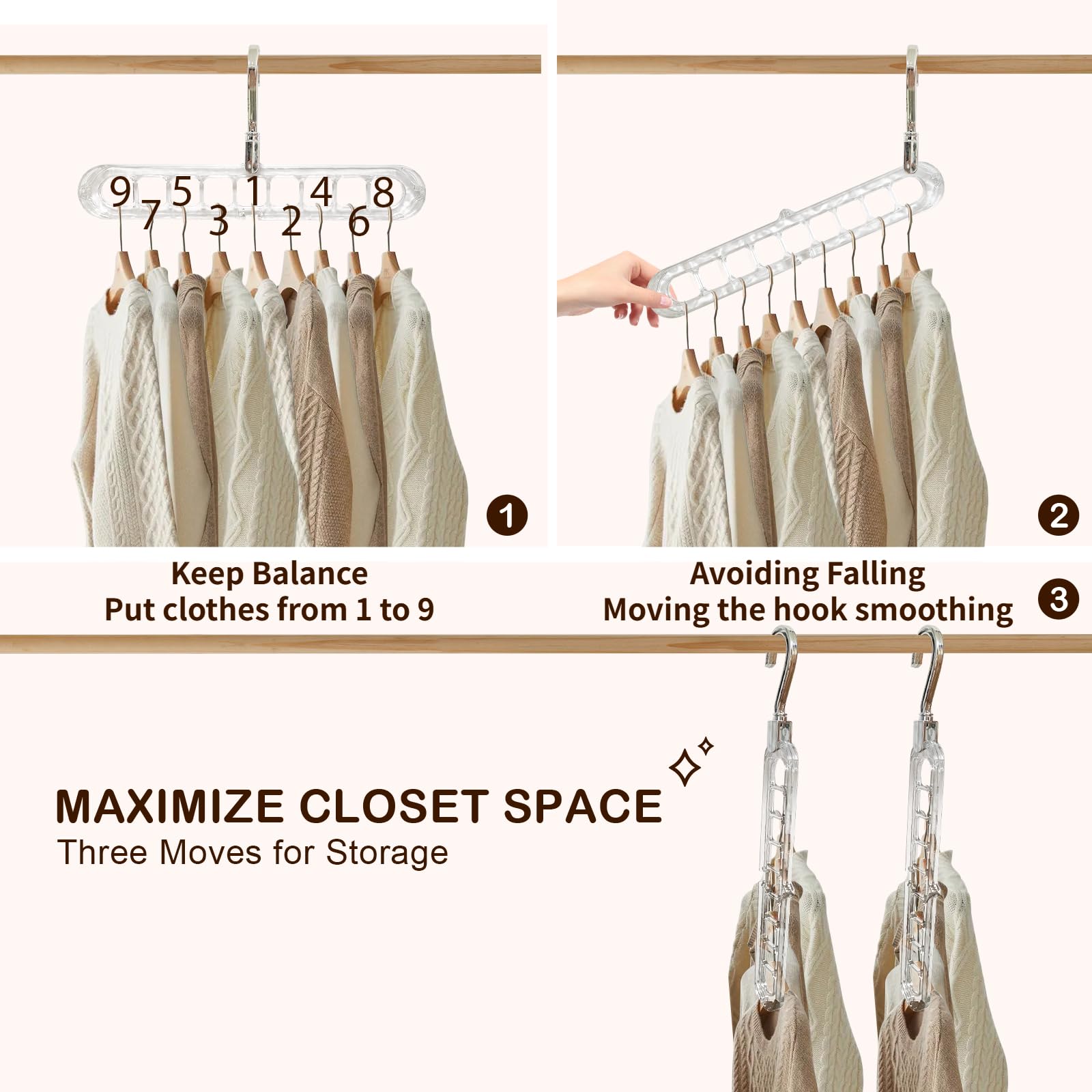 3/5pcs 9-Holes smart spacesaving hanger, wardrobe organizer , 9 in 1 Smart Rotate Anti-Skid Folding Hanger Pro, Multi  Space Saving Heavy Duty, Cascading Features for Home or Travel Organiser Hanging tiktokshopspringg