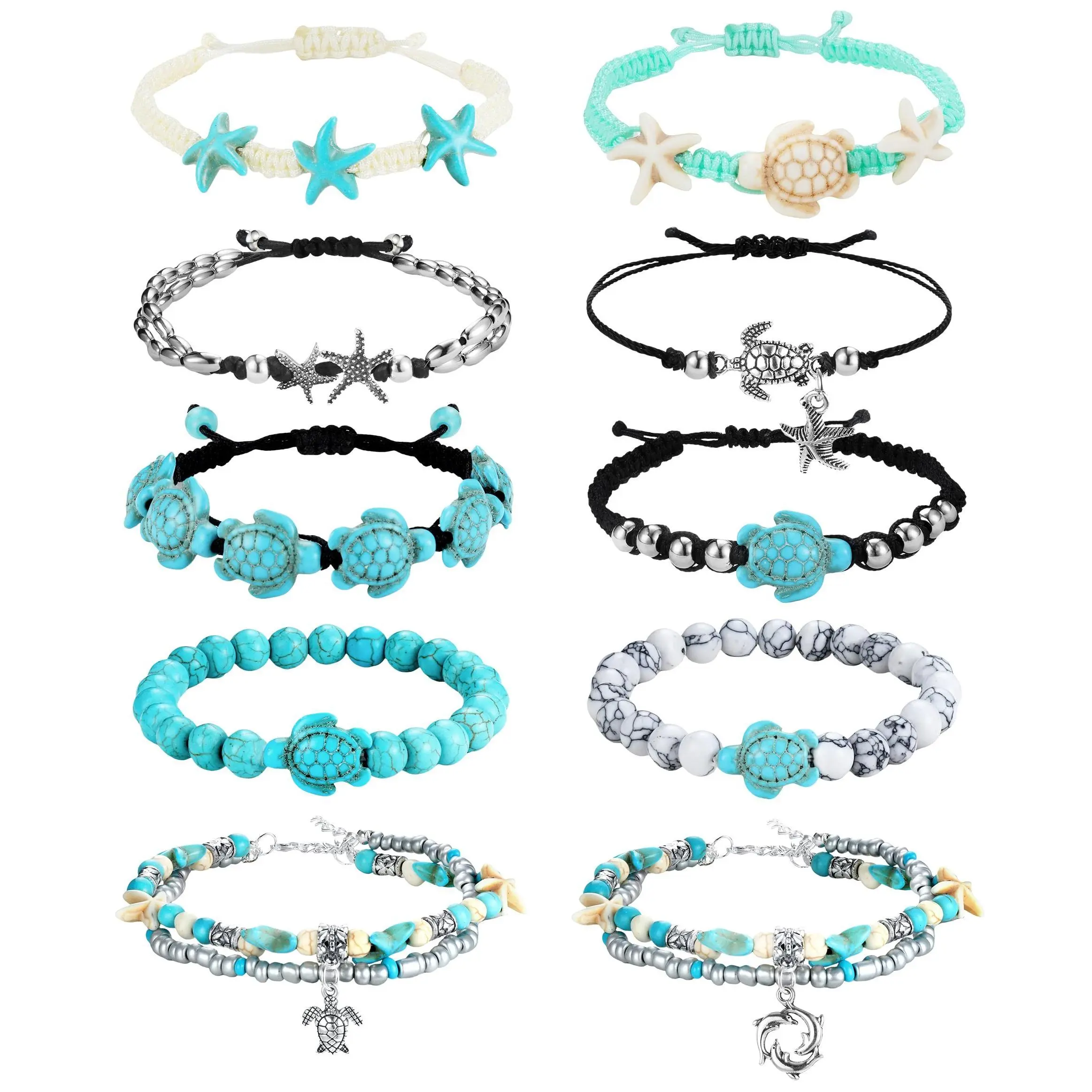 FASACCO Women's 10-Count Nautical Fabric Bead Bracelet Set - Waterproof Handcrafted Stretch Multi-String Stackable Anklets for Women with Starfish, Sea Turtles, Tortoise Shell Charms, Adjustable Summer Beach Accessory Blackfriday