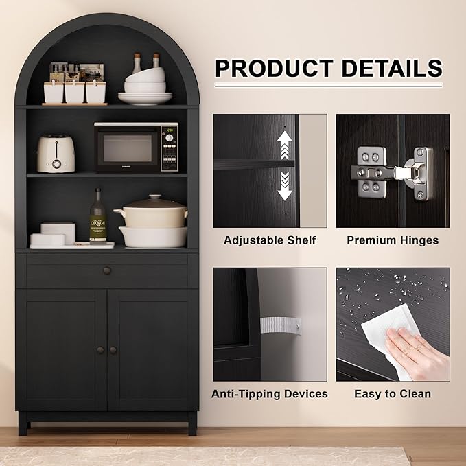 71" Arched Pantry Cabinet, Modern Farmhouse Storage with Smooth-Glide Drawer & Adjustable Shelf, Anti-Tip Wall Anchor for Kitchen Dining Room