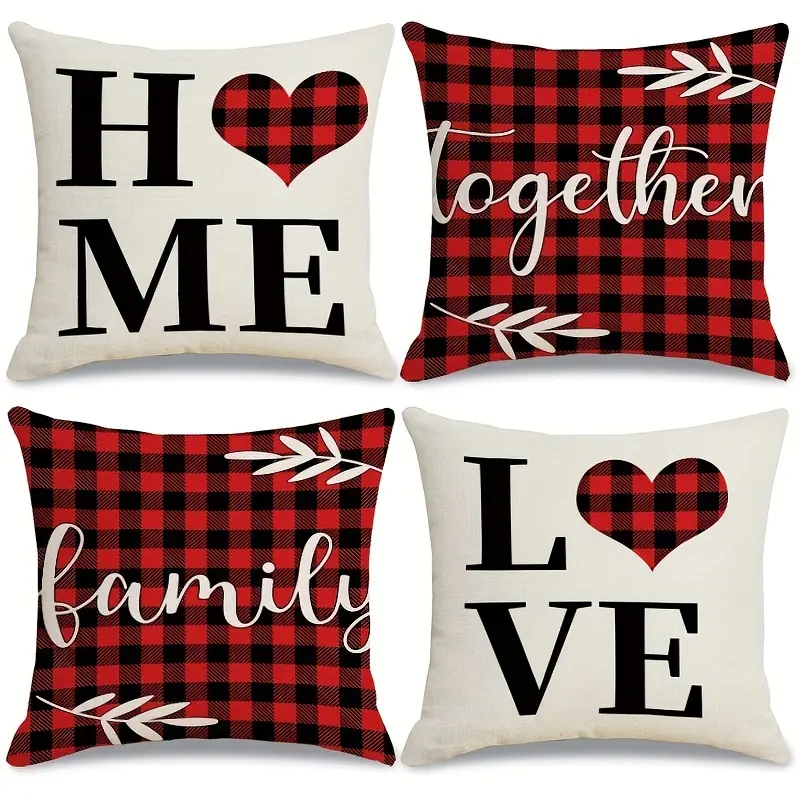 4-piece set, Valentine's Day buffalo plaid pillowcase 16x16/18x18/20x20inch love throw pillowcase 4-piece set, suitable for wedding anniversary Valentine's Day gift