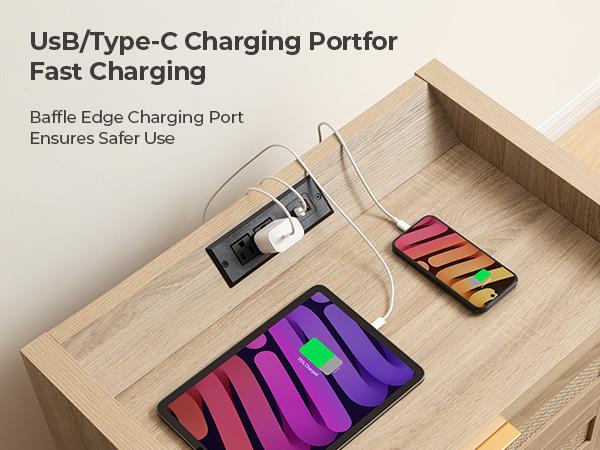 SICOTAS Rattan Night Stand with Charging Station - 24.8”W x 15.4”D x 26.5”H Boho Bedside Table with 3 Mesh Drawers, USB & Type-C Ports, Modern End Table for Bedroom, Living Room, Office , Durable and Stylish