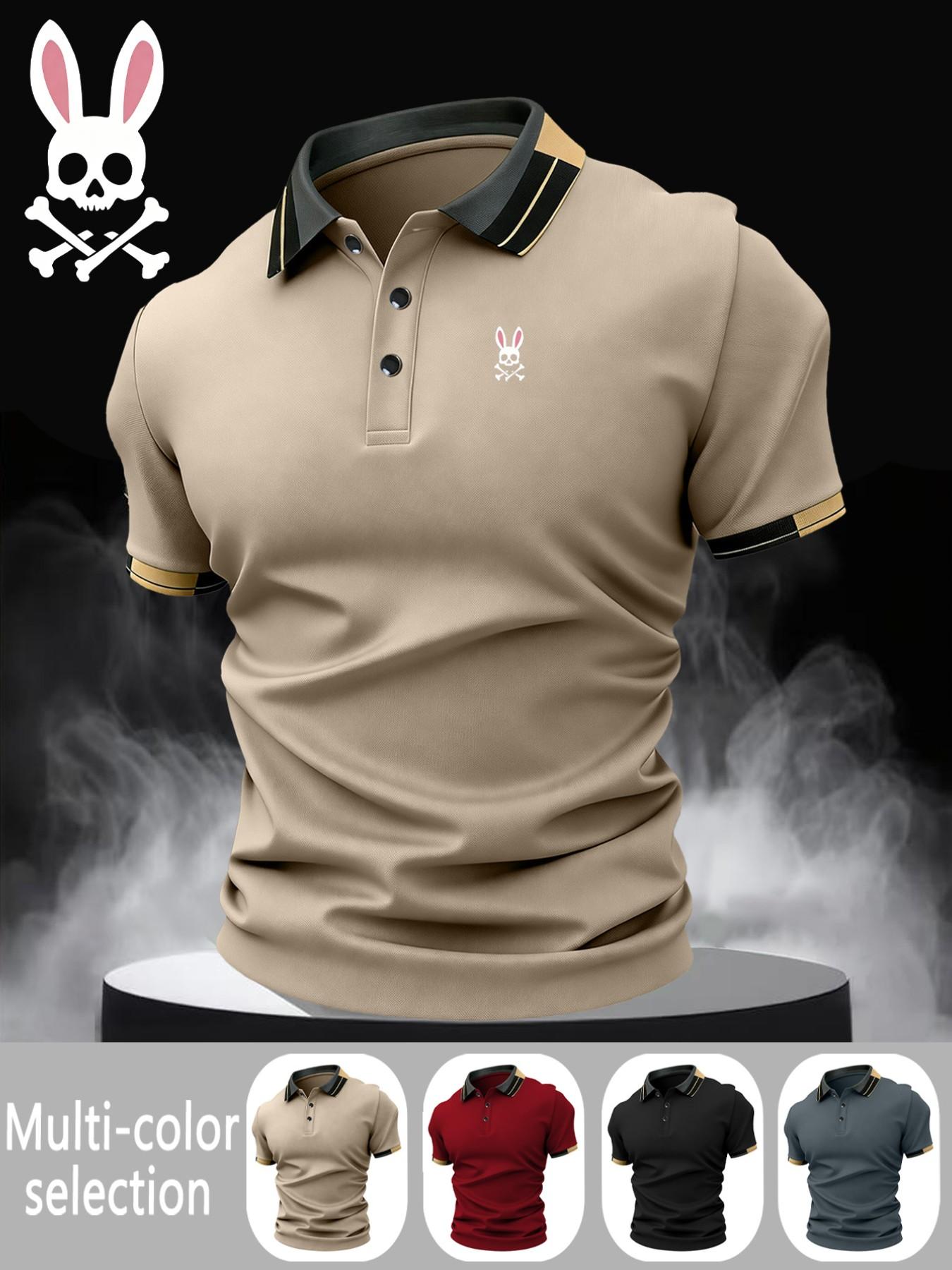 Men's Skull Rabbit Print Collared Polo Shirt, Elastic Casual Breathable Summer Polos Four Seasons Wear, Comfortable Durable High-End Polo Top, Casual Polo Shirts