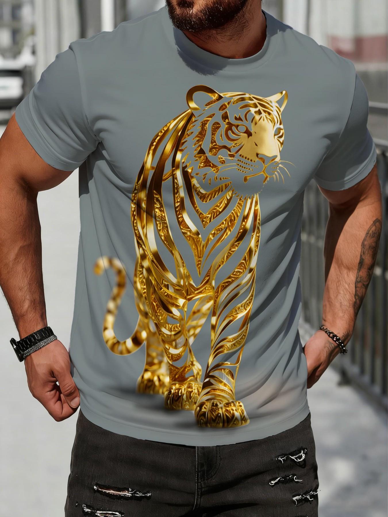 Summer Men's Sporty Short Sleeve T-Shirt, Quick-Dry Breathable Round Neck, Loose Fit, Golden Tiger Print, Casual Daily Wear, Multiple Colors Available