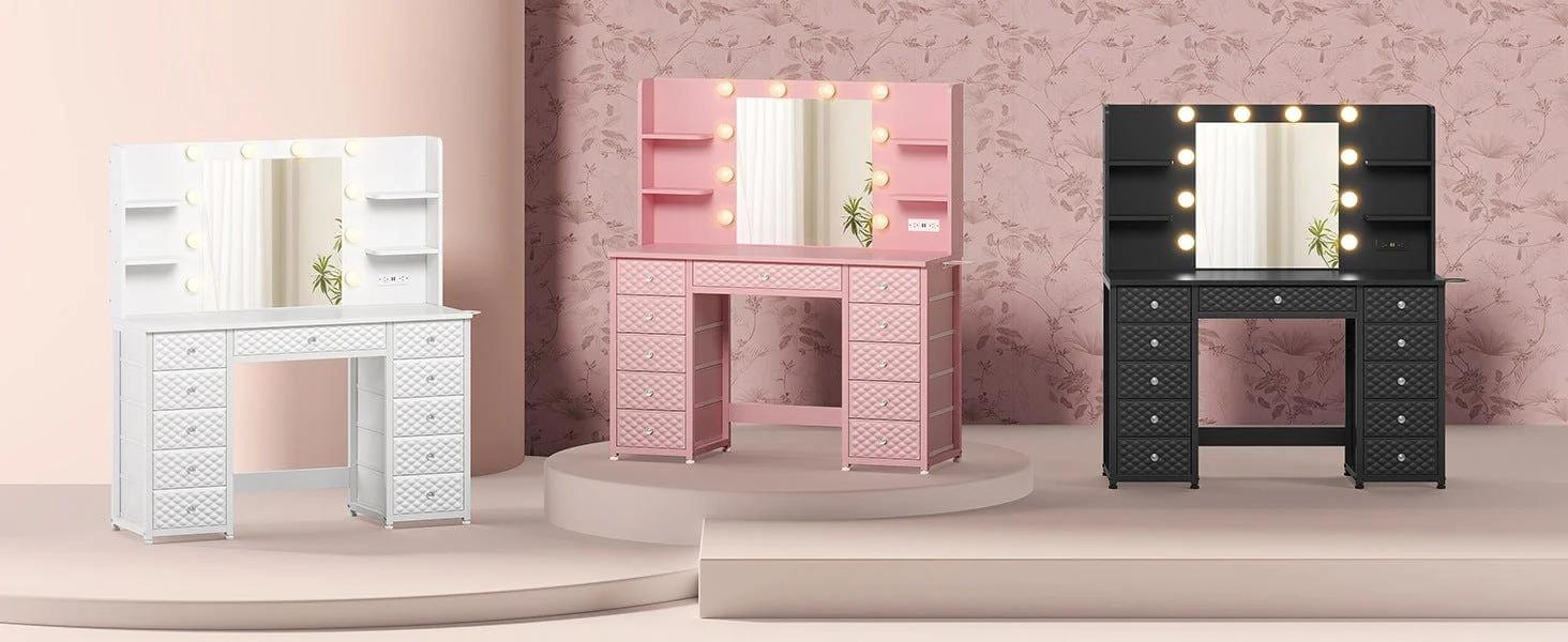 Sikaic Makeup Vanity with 11 Drawers and 6 Open Shelves Modern Dressing Table with 3 Color Modes Lights, Power Strip and Storage