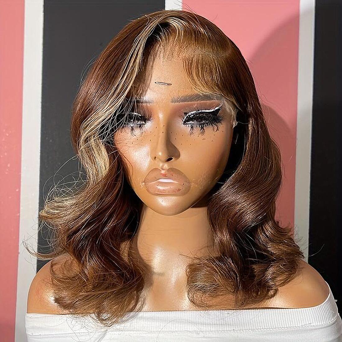 180 Density Brown Blonde Body Wave Bob Wig Human Hair 13x4 Transparent Lace Frontal Human Hair Short Bob Wig For Women Human Hair Glueless Bob Wig Human Hair Pre Plucked Short Bob Wigs for Black Women