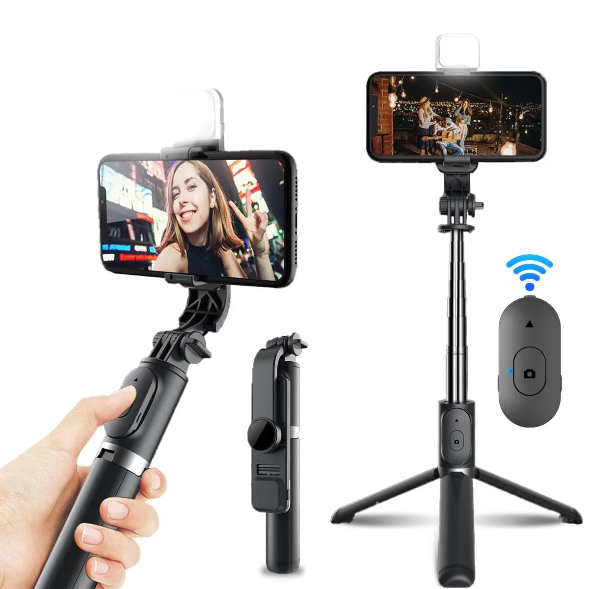 Extendable Selfie Stick and Phone Tripod, 2-in-1 Foldable Smartphone Stand with Adjustable LED Fill Light, Wireless Shutter Remote and 360° Rotating Phone Holder Cellphone Folding