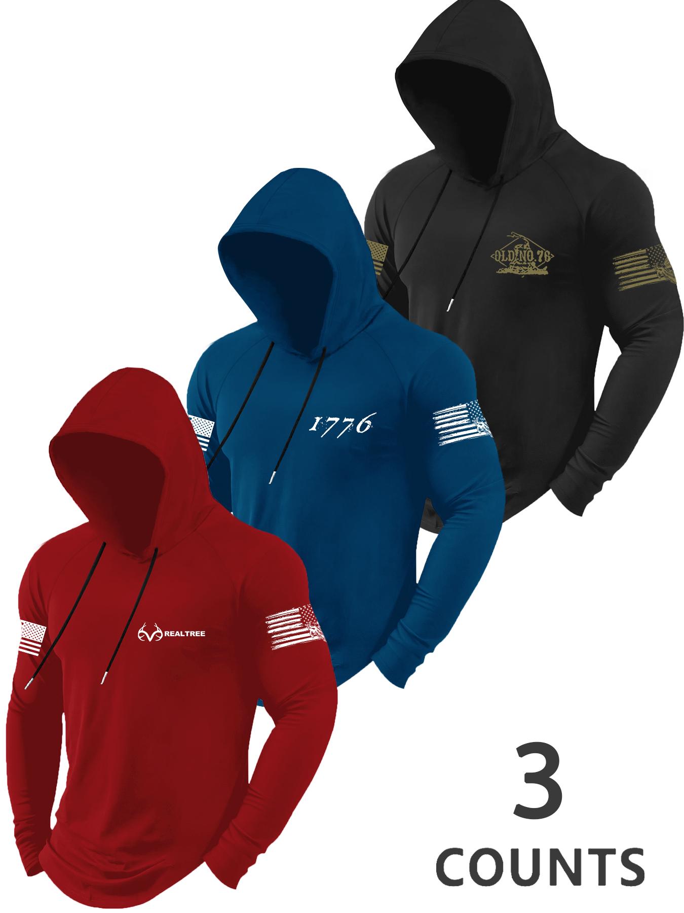 Men's Flag Series Print Hooded Long Sleeve T-Shirt, Fall & Winter Outdoor Casual Fitted Top, 3 Pack Set, Casual Outdoor Pullover, Casual Streetwear Sweatshirt