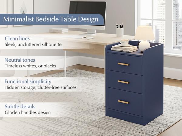 FOTOSOK Nightstands Set of 2 Black Nightstand with Charging Station, 3 Drawer Nightstand with Gold Handles, Side Table for Home Office