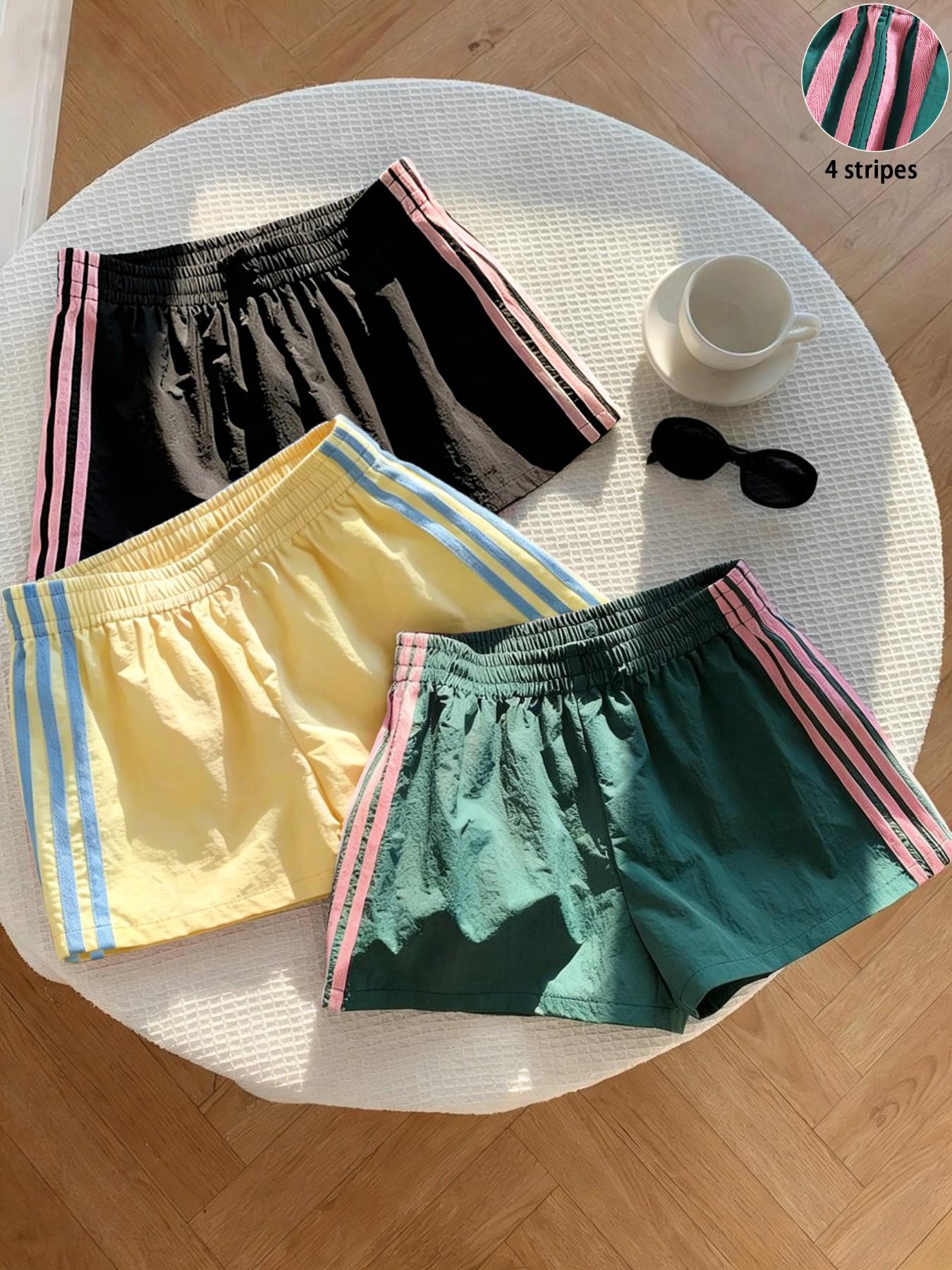 Women's Summer Striped Lightweight Athleisure Shorts, Elastic Waist Loose-Fit Workout Shorts, Casual Beachwear, Multiple Colors Available, Loose Sporty Shorts