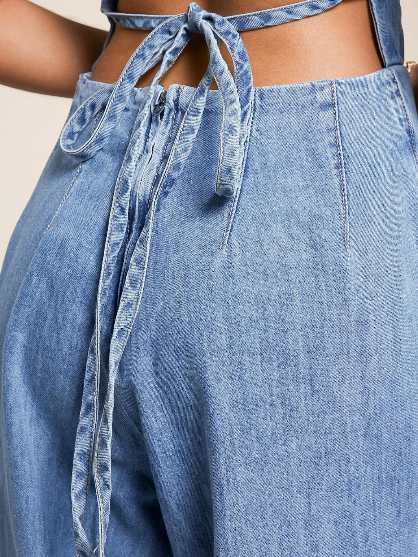 Women's   Tie Back   Denim Jumpsuit, Casual Fashion Wide Leg Jumpsuit for Daily Wear, Ladies Clothes for All Seasons