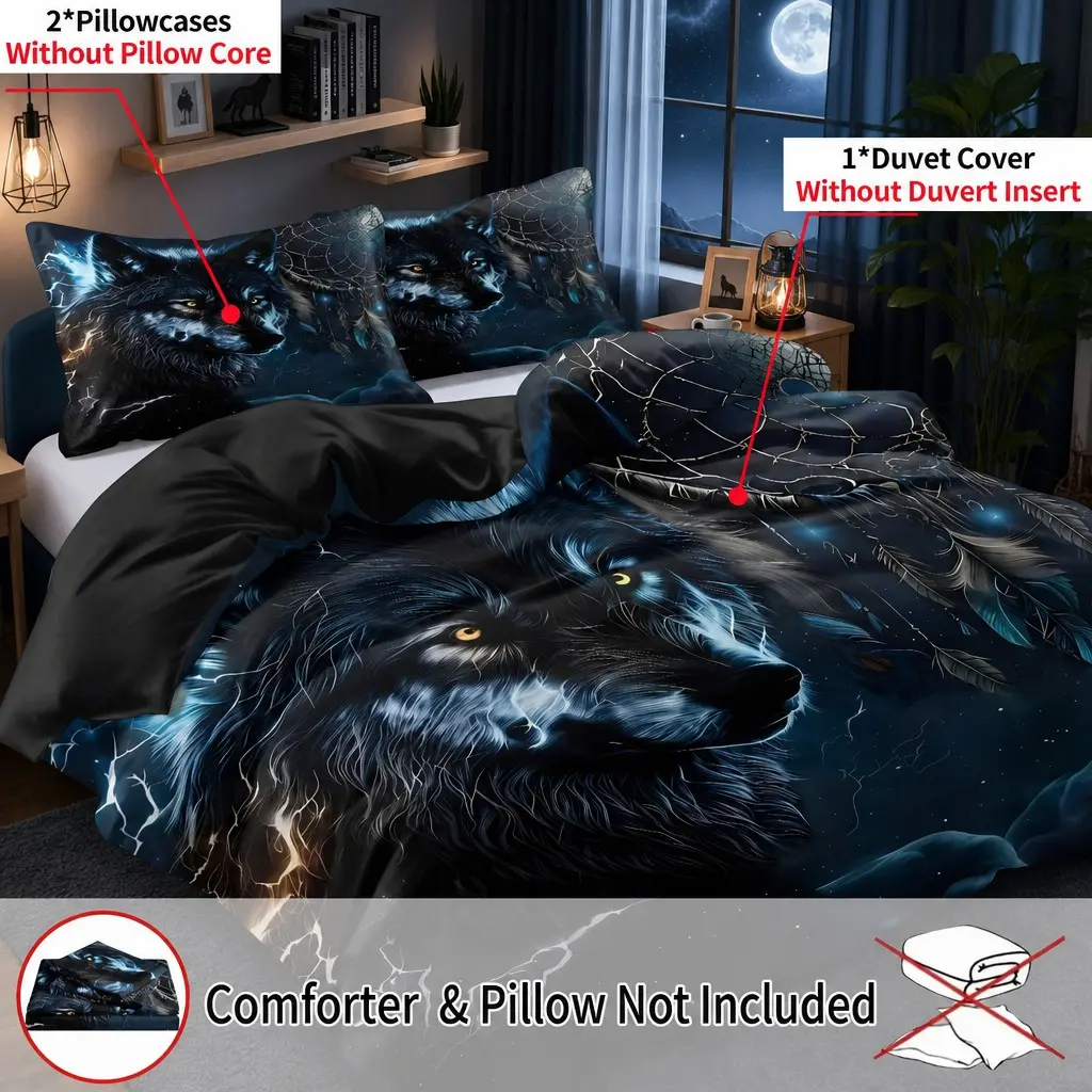 3-piece set Comfy Bedding Sets blue dream net wolf digital printed bedding in polyester includes 1 duvet cover and 2 pillowcases, the top choice for bedrooms, dormitories, and guesthouses