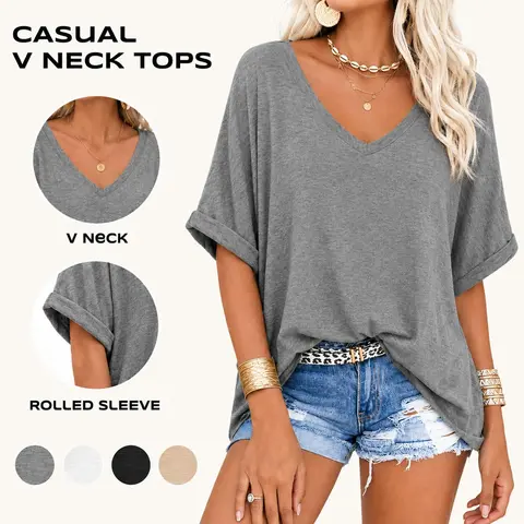 Imily Bela Women's Oversized T Shirts V Neck Short Sleeve Summer Casual Loose Tops Tees