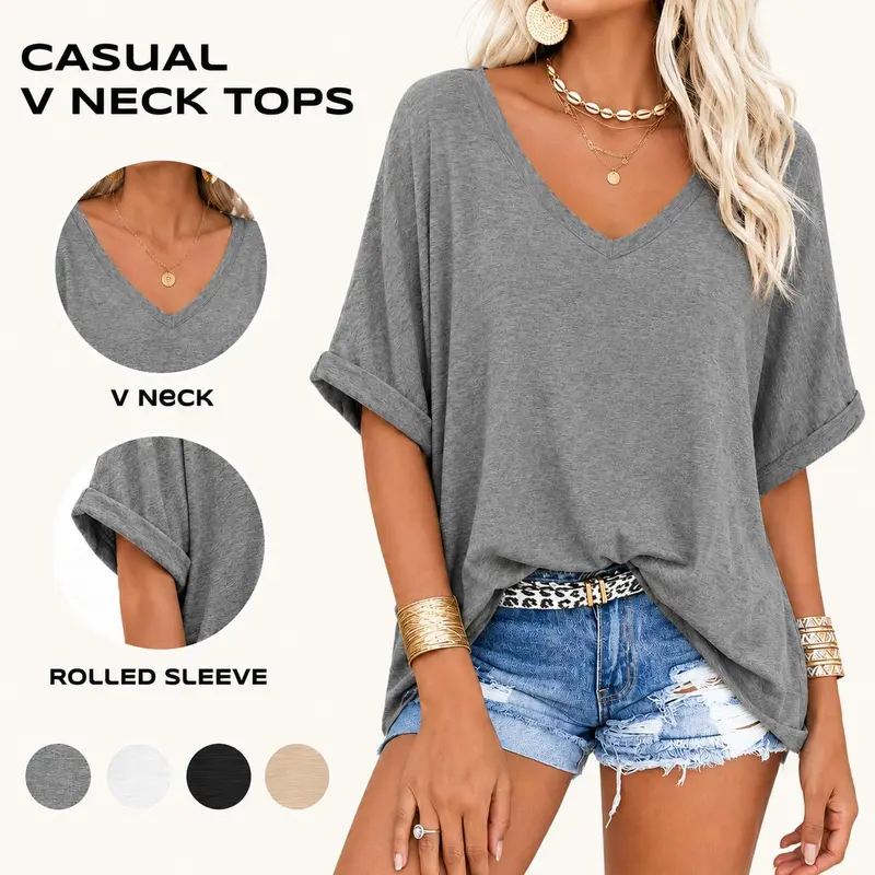 Imily Bela Women's Oversized T Shirts V Neck Short Sleeve Summer Casual Loose Tops Tees