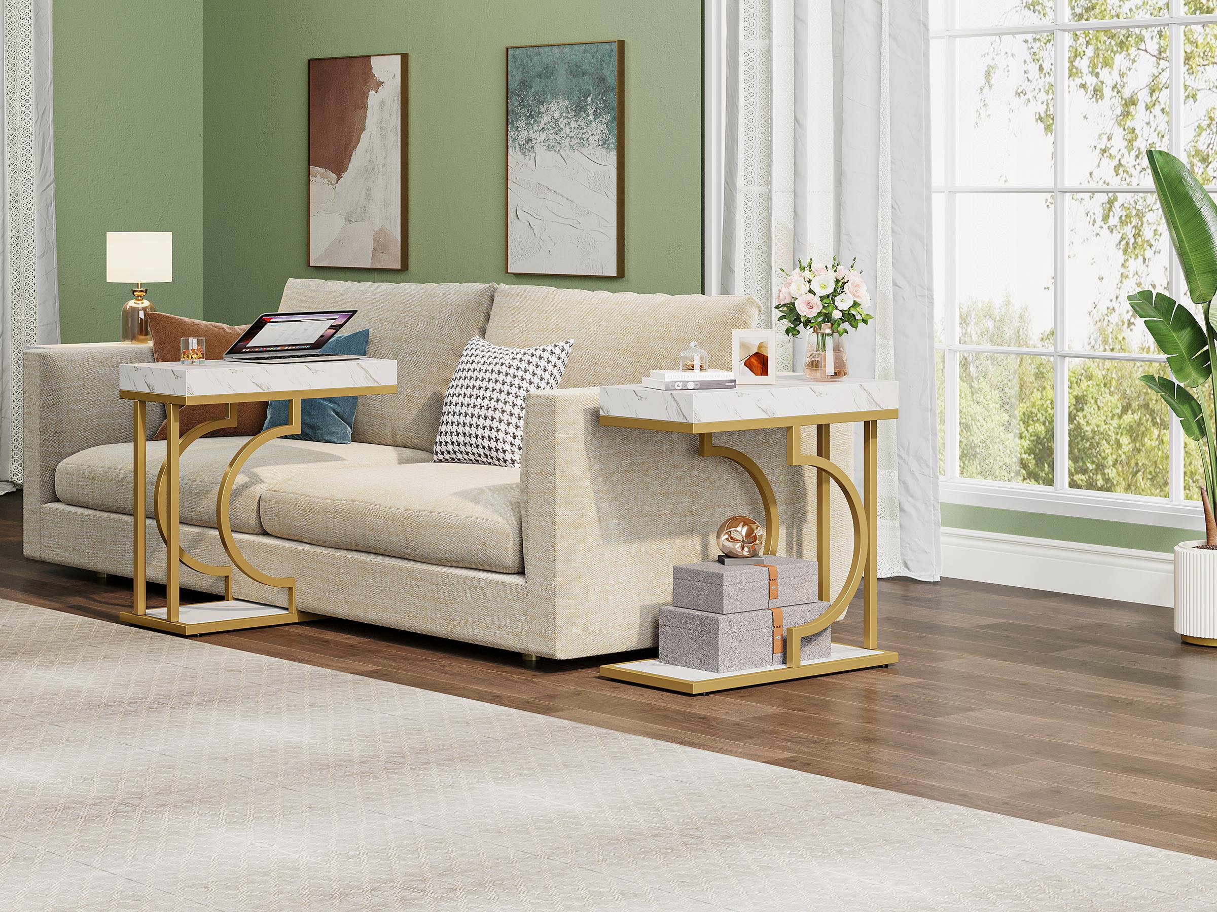 LITTLE TREE Narrow Side Table White Gold Side Table C Shaped End Table Modern Bedside Table Small Side Table for Couch, Sofa Table with Metal Frame for Living Room LITTLE TREE Narrow Side Table White Gold Side Table C Shaped End Table Modern Bedside Table Small Side Table for Couch, Sofa Table with Metal Frame for Living Room