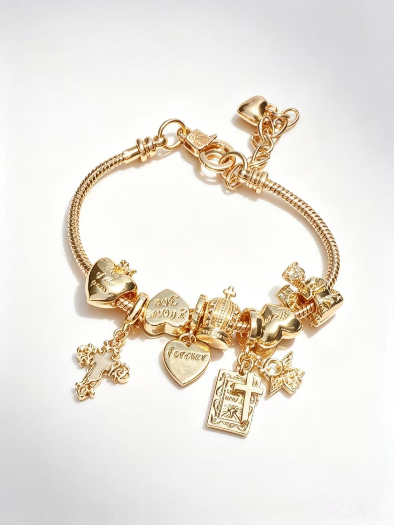 Women's Charm Bracelet, Cross Bible Heart Crown Angel Pendant Snake Bone Chain Jewelry, Personalized Daily Party Accessory