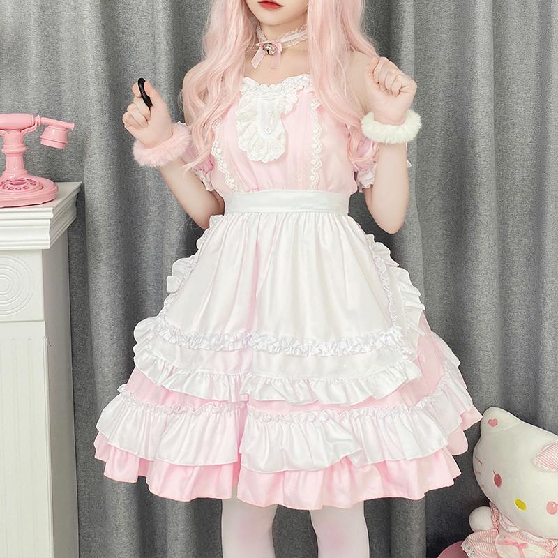 Japanese Sweet Lolita Dress Anime Cat Girl Plus Size Maid Halloween Cosplay Costume Pink Ruffles Kawaii Princess Party Dresses