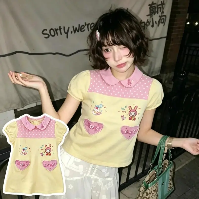 Harajuku Y2K Cartoon Bubble Print Raglan Tee Denim Pleated Skirt Two Piece Set Teen Girls Daily Street Outfit Sweet
