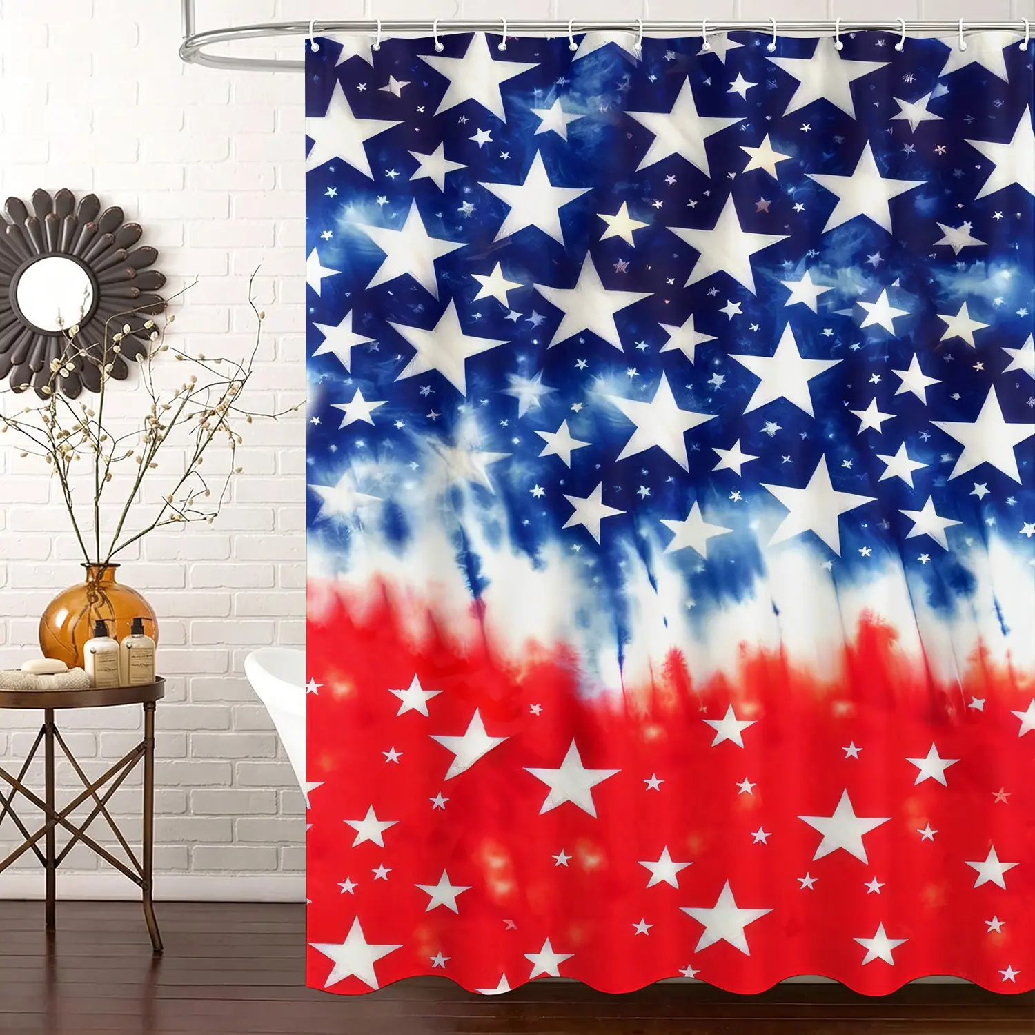 Red Blue White Star Gradient Pattern Shower Curtain, Patriotic Theme Bathroom Decor, Waterproof, Free Matching Plastic Hanging Hooks Included, Machine Washable