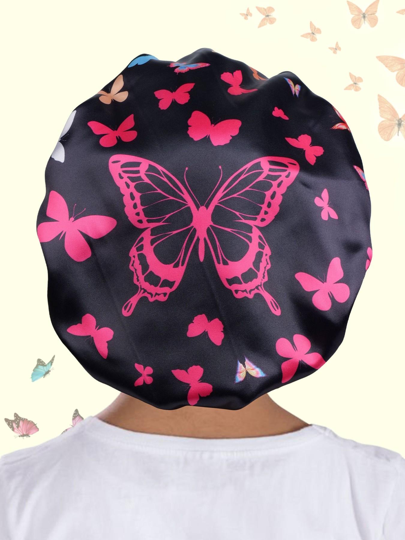 Soft Butterfly Print Sleep Cap for Unisex, Elegant Fashionable Sleep Hat, Beauty Makeup, Adjustable Wide Brim Bath Cap