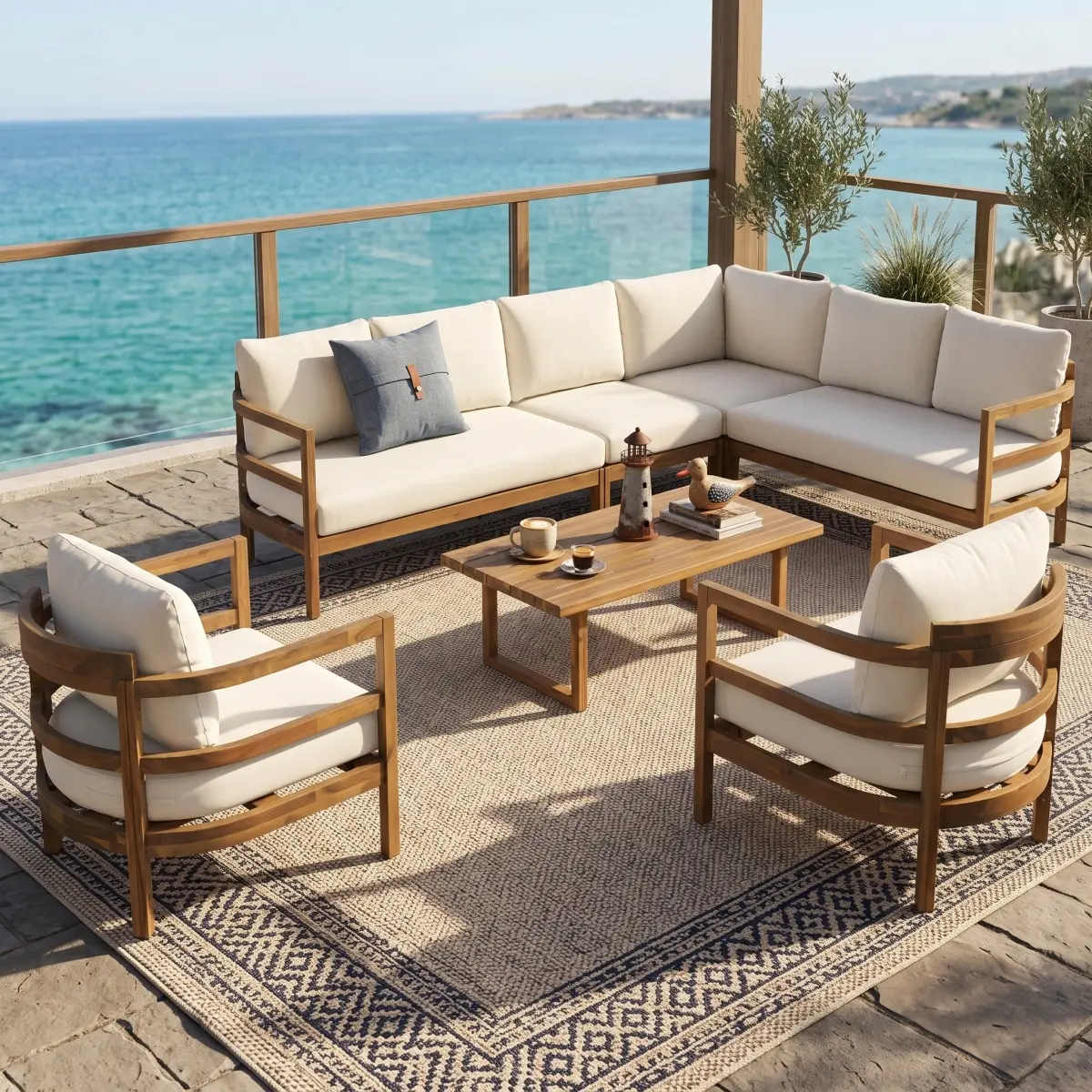 AobtkelOutdoor Acacia Wood 7-Seater Sectional Sofa Set