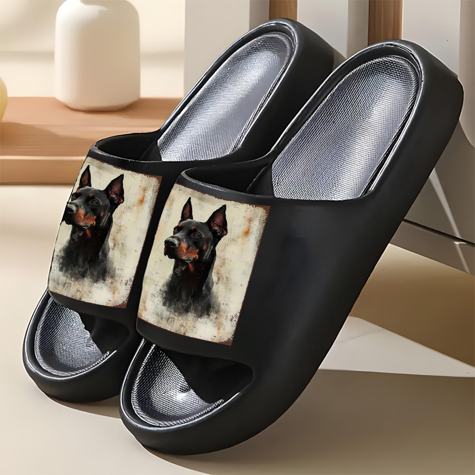 Doberman Pinscher Portrait Print Slippers for Dog Lovers Comfortable Indoor Footwear with Vintage Animal Art Design Non-Slip Sole Soft Fleece Lining Pet Themed Home Shoes for Men Women