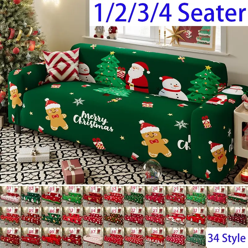 Xmas Holiday Universal Sofa Slipcover, Stretchable Sofa Cover, Elastic Stretch Couch Cover for 1 2 3 4 Seater Sofa, Cute Santa Snowman Deer Pattern Non‑Slip Washable Furniture Cover for Christmas Living Room Household Decor