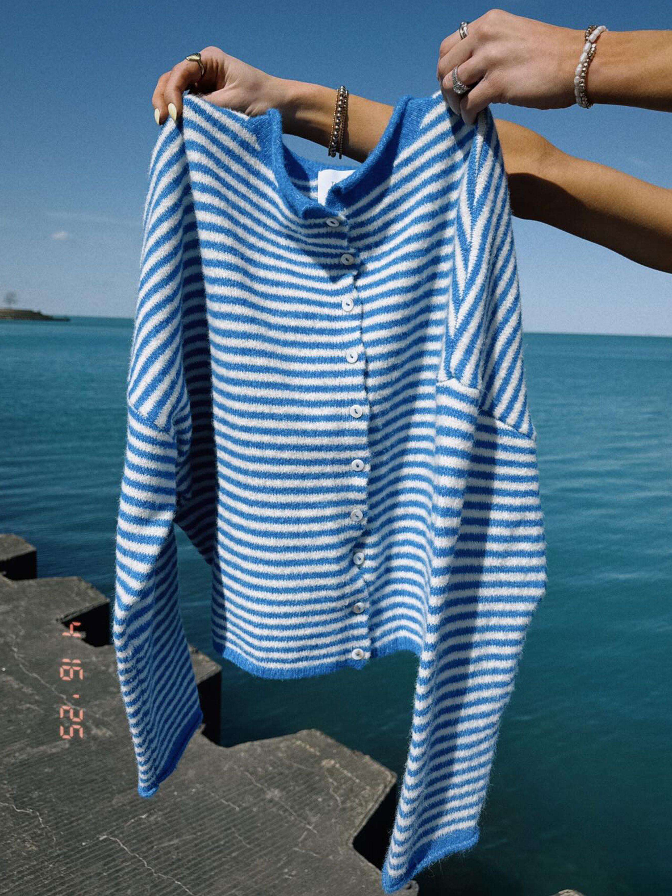 Women's Striped Casual Long Sleeve Loose Knit Sweater, Tops, Lightweight Fall & Winter Fashion, Button Front Open Front Design