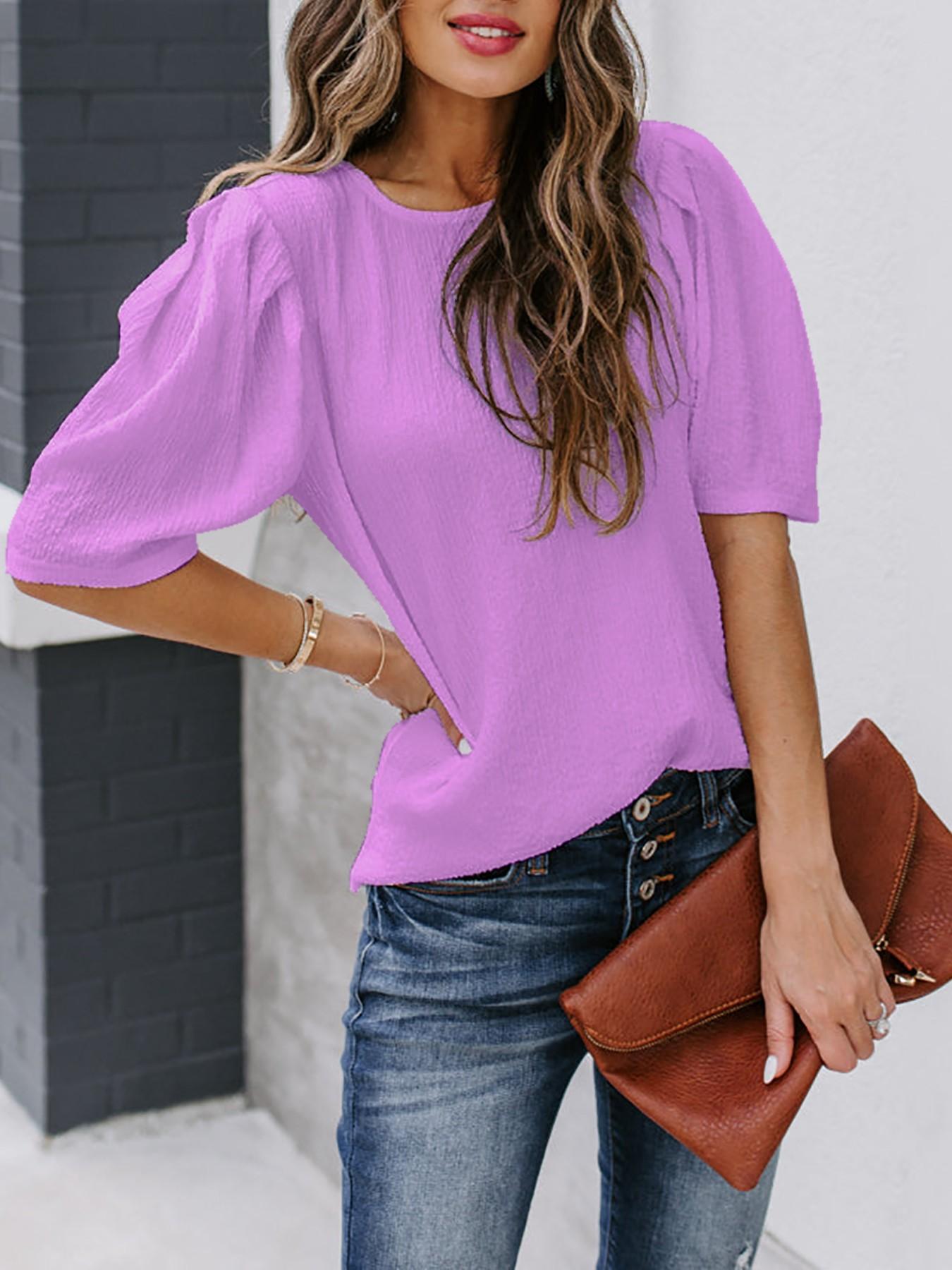 French Bubble Sleeve Solid Color T-Shirt for Women, Summer Simple Round Neck Short Sleeve Top, European and American Style Casual Basic Shirt