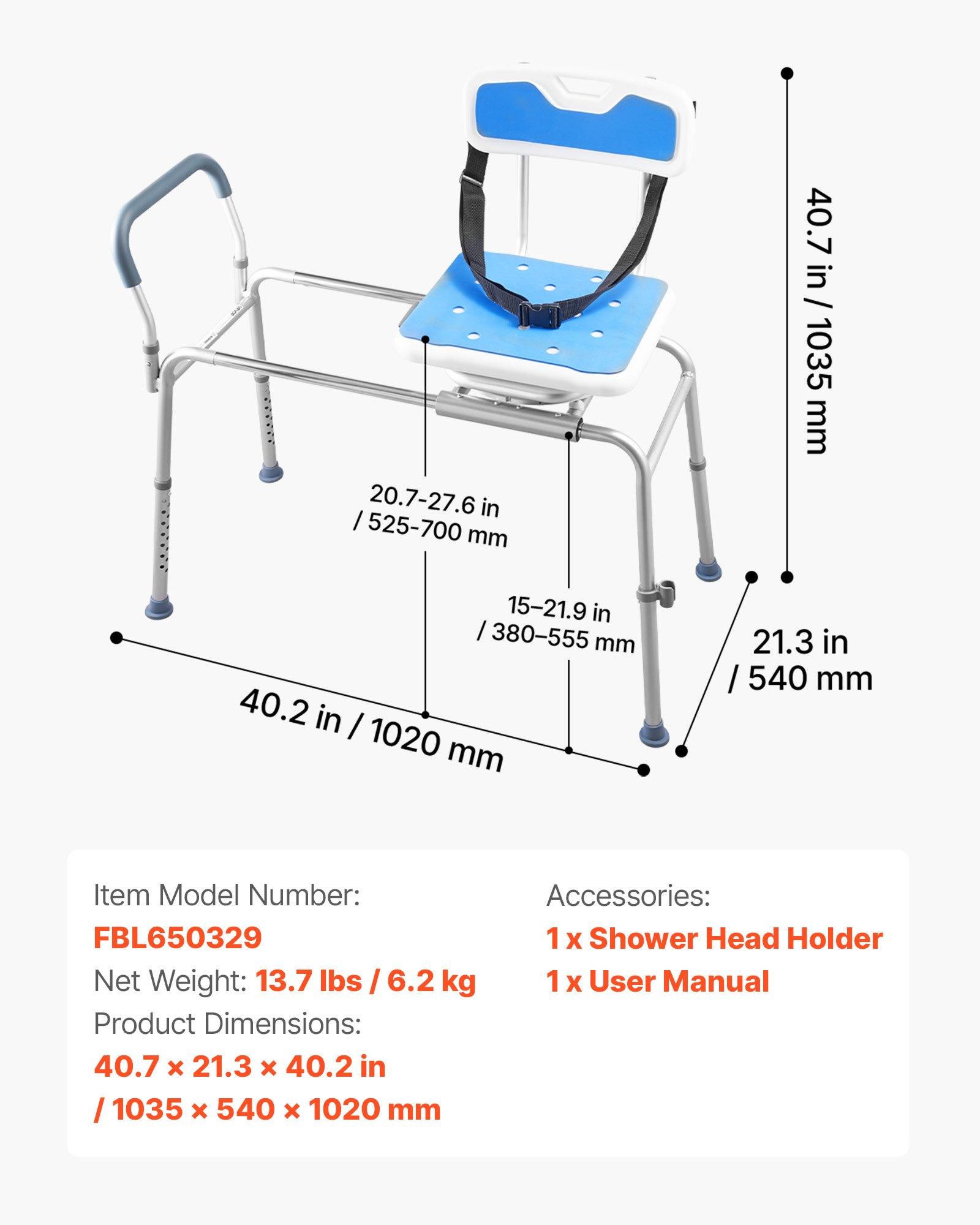 VEVOR Aluminum Sliding Shower Chair with Shower Holder, 400 lbs Tub Transfer Bench, 360° Swivel Seat, Padded Seat, Armrest Handles, Backrest, Height-Adjustable, 40.7x21.3x40.2in, Easy-Clean for Disabled Adults, Simple Installation