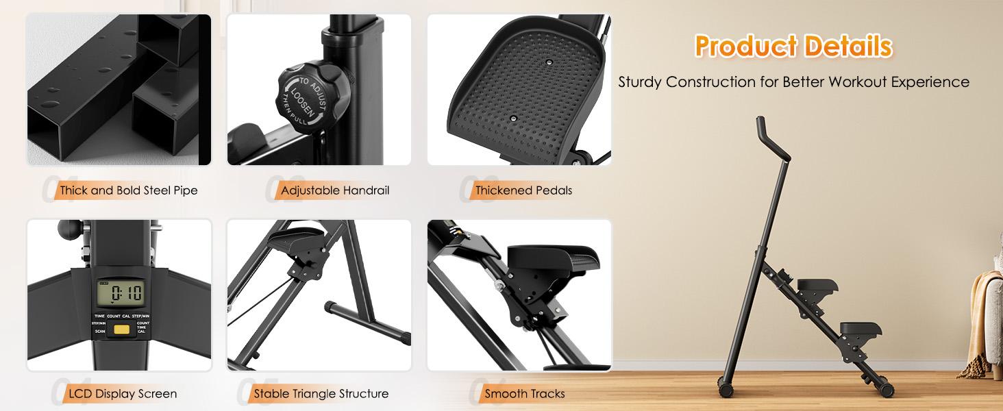 Stair climber,home gym equipment， foldable for easy storage, with 6 - level adjustable handlebars, and a display for time, count, calories and frequency, made of thickened and reinforced steel pipes. gift Multifunctional Workout Station