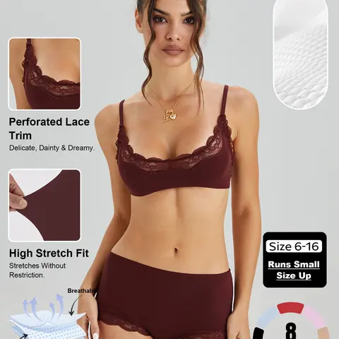 Women's Versatile Lace Trim Spaghetti Thin Strap Bra & Low Rise Panties Co-ord, Solid Color Slightly Sheer Lingerie & Underwear Set, Seamless Breathable Sweat-Wicking Stretch Daily Outfits #TikTokMadeMeBuyIt #MatchingSet #Bralette