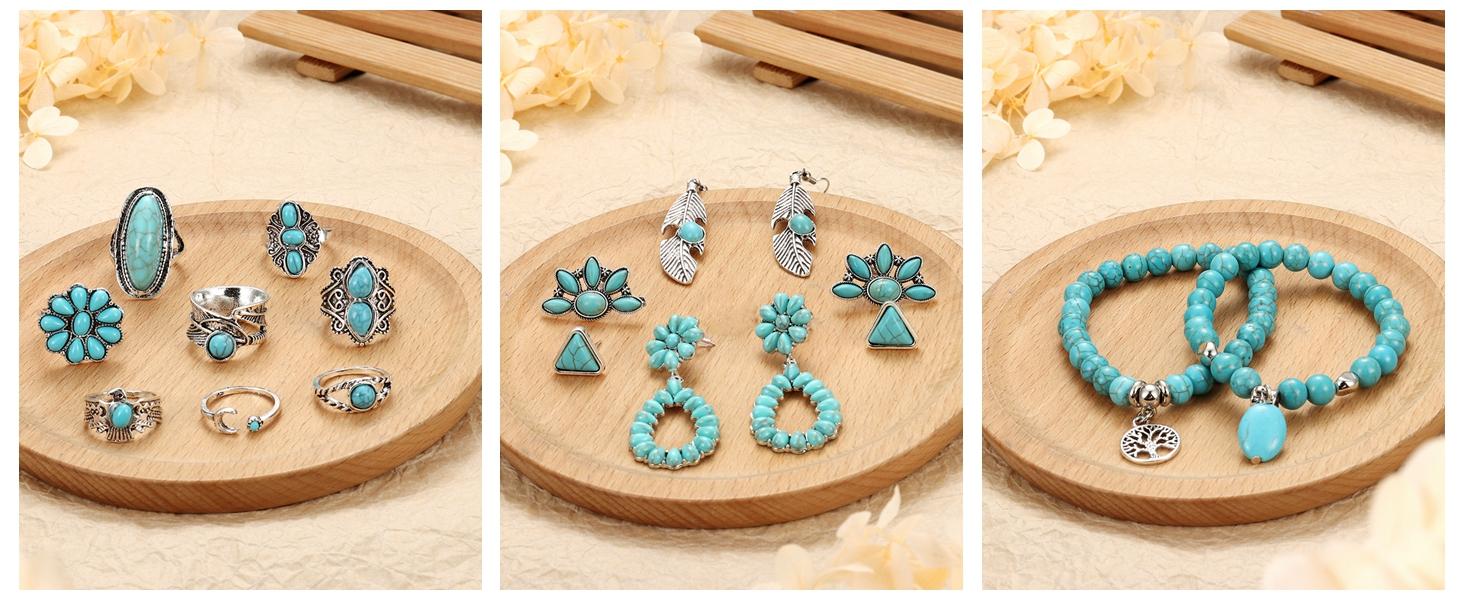 Fansilver 25pcs Western Jewelry Set for Women Bohemian Turquoise Pearl Necklace Beaded Choker Earrings Bracelets Knuckle Rings Western-Inspired Hypoallergenic Stainless Steel Jewelry