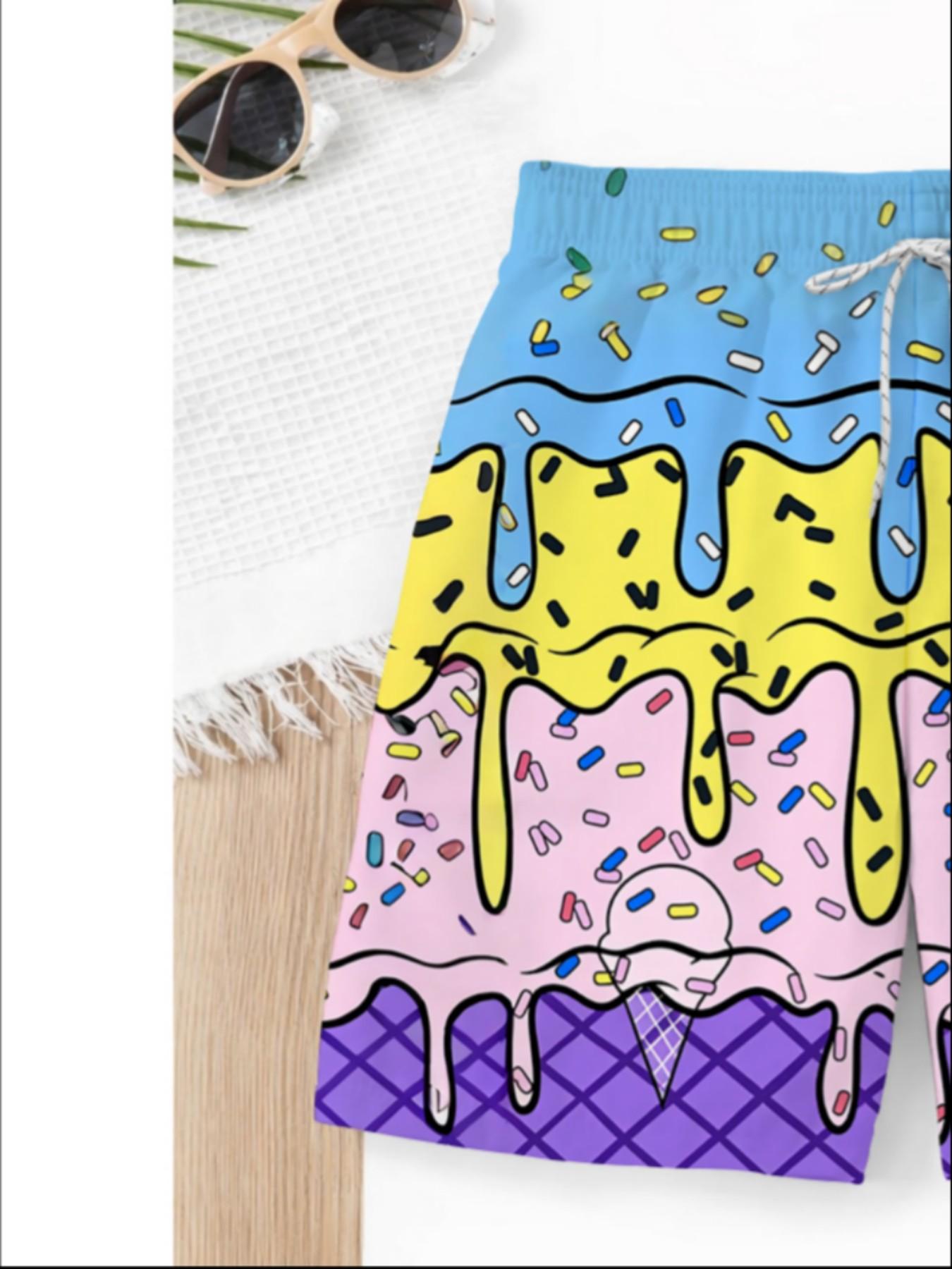Summer Boys' Ice Cream Melted Candy Print Drawstring Beach Pants, Kids Loose Fun Trendy Swim Shorts, Casual Cartoon Pattern