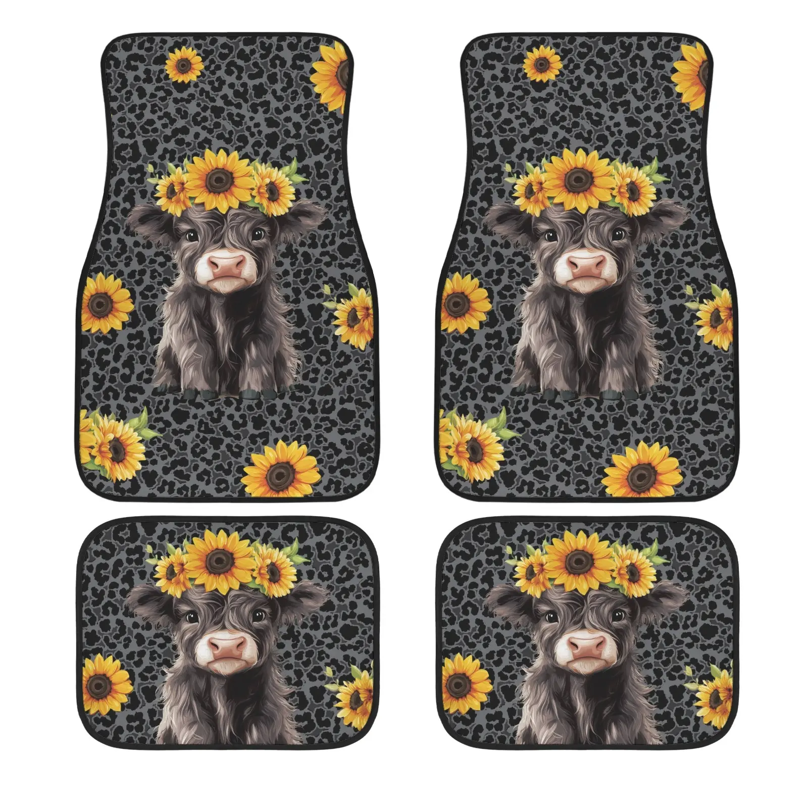 Highland Cow Sunflower Car Floor Mats 4 Pieces, Western Farm Animal Print Car Accessories, Front & Rear Anti Slip Auto Floor Liners, Stain Resistant All Season Car Interior Mats for Truck SUV Sedan
