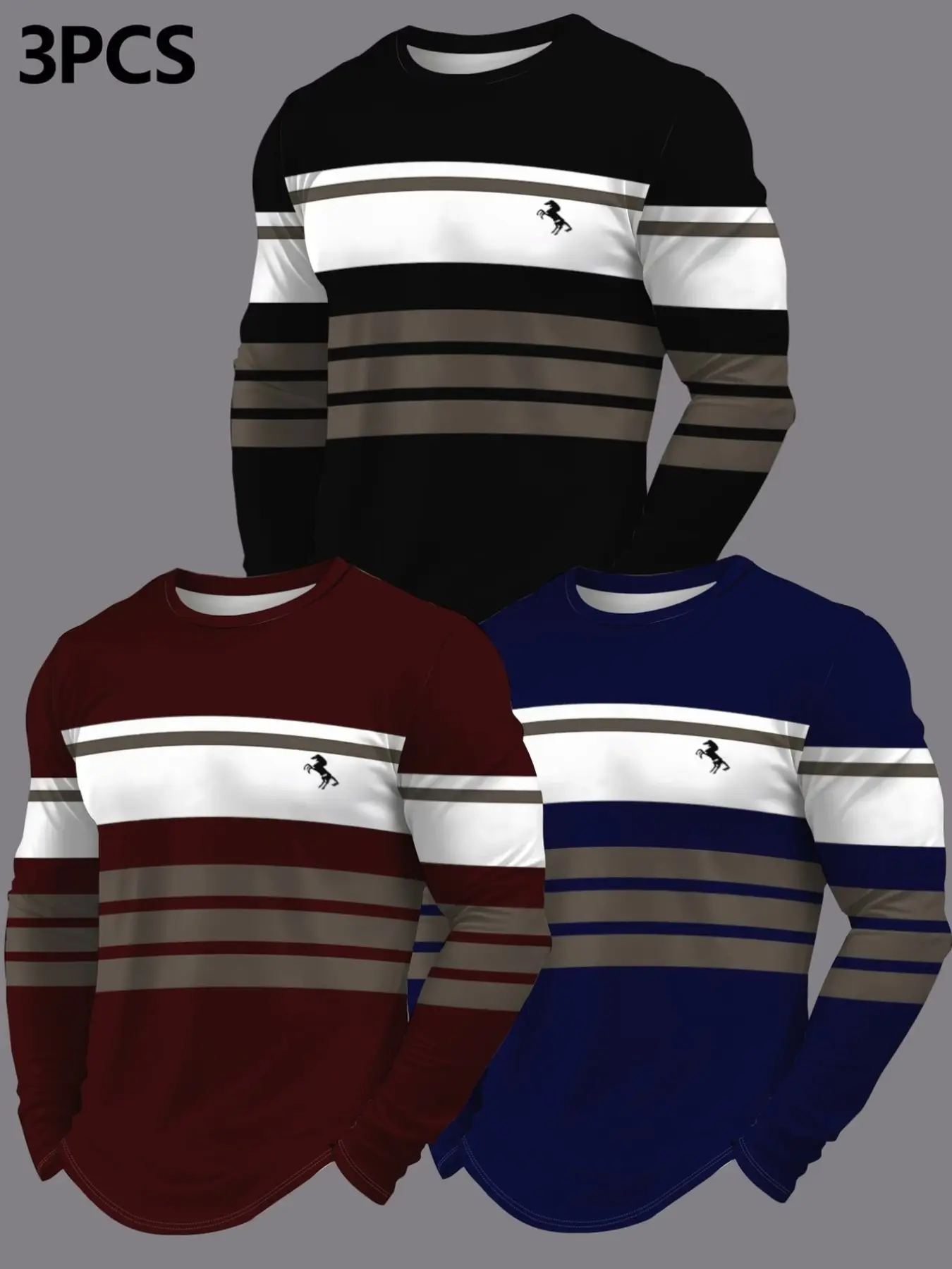 3-Pack Men's Striped Long Sleeve T-Shirts, Classic Round Neck, Retro Horizontal Stripe Print, Soft Fabric, Casual Streetwear, High Value