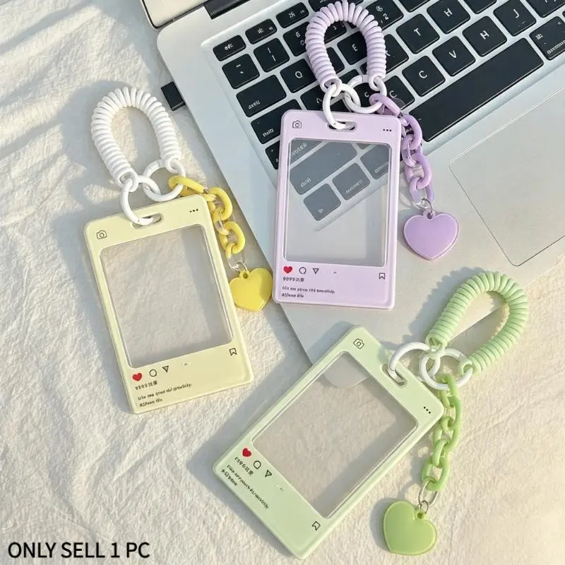 Y2K Retro MP3 Player Clear ID Card Holder Keychain, Anti-Loss Spring Coil Lanyard Card Protector with Heart Pendant, Hard Plastic Badge Holder for School Bus Card Office