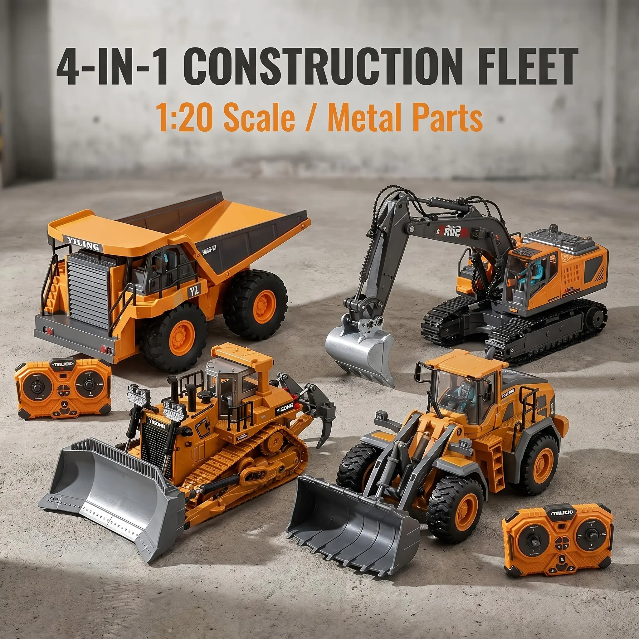 SUPERMELER 2pcs/3pcs/4pcs Set Remote Control Engineering Vehicle Set, 2.4G High-tech 11-channel Remote Control Excavator Dump Truck Bulldozer Alloy Plastic Engineering Vehicle Remote Control Construction Toy Car Set-lingkun