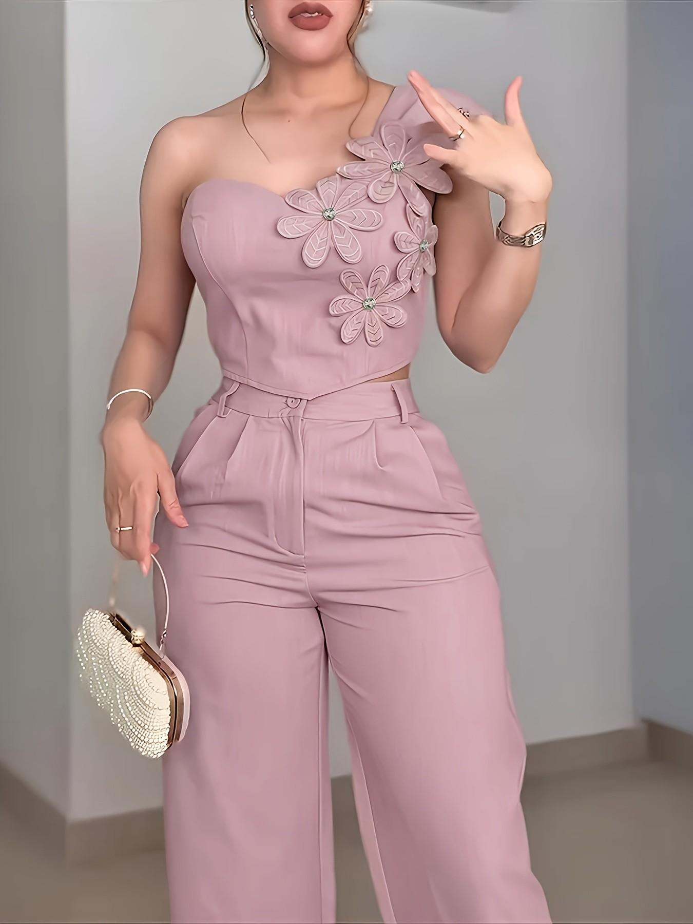 New Spring Summer American Style Chic Off-Shoulder Floral Set Waist Cinching Crop Top Wide Leg Pants Sweet Desire Date