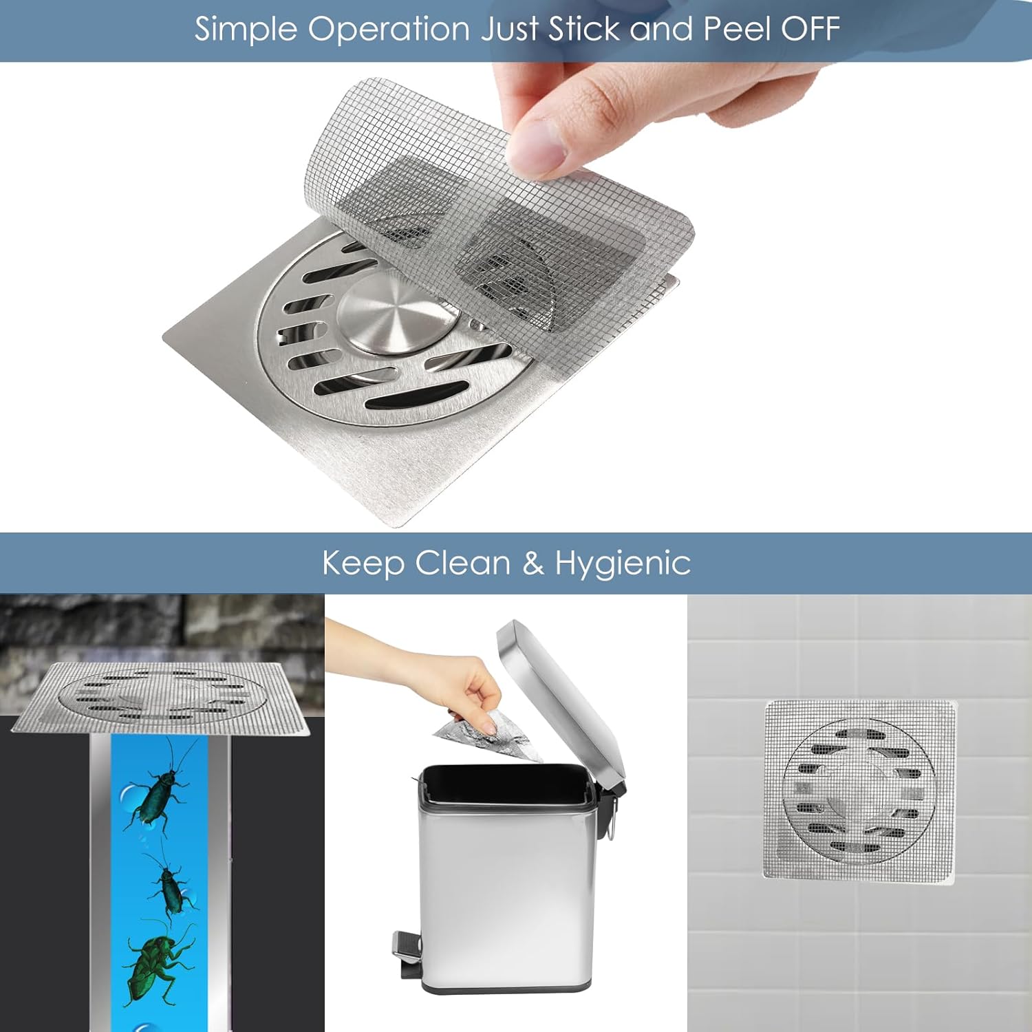 30 Counts Disposable Shower Drain Cover, Hair Catcher with Square Design, Mesh Stickers for Bathroom, Laundry, Bathtub, Sink, Adhesive Repair Tape Kit