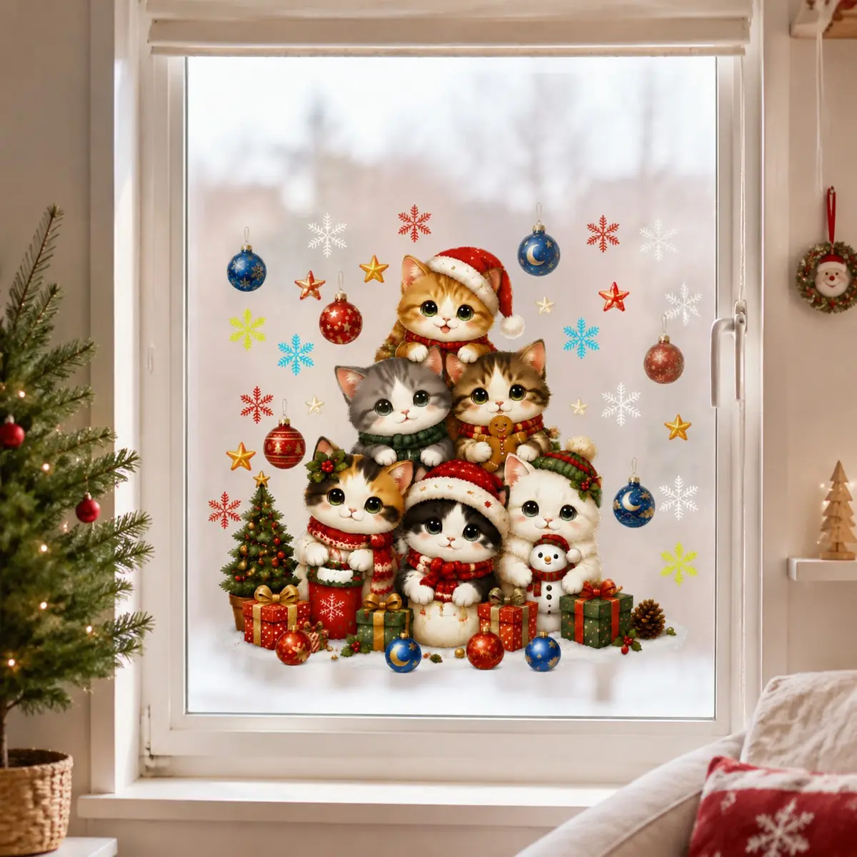 Cute Christmas Cat Static Cling Window Decals, 6 Kittens with Snowflakes, Reusable Non-Adhesive Xmas Window Clings for Holiday Decor