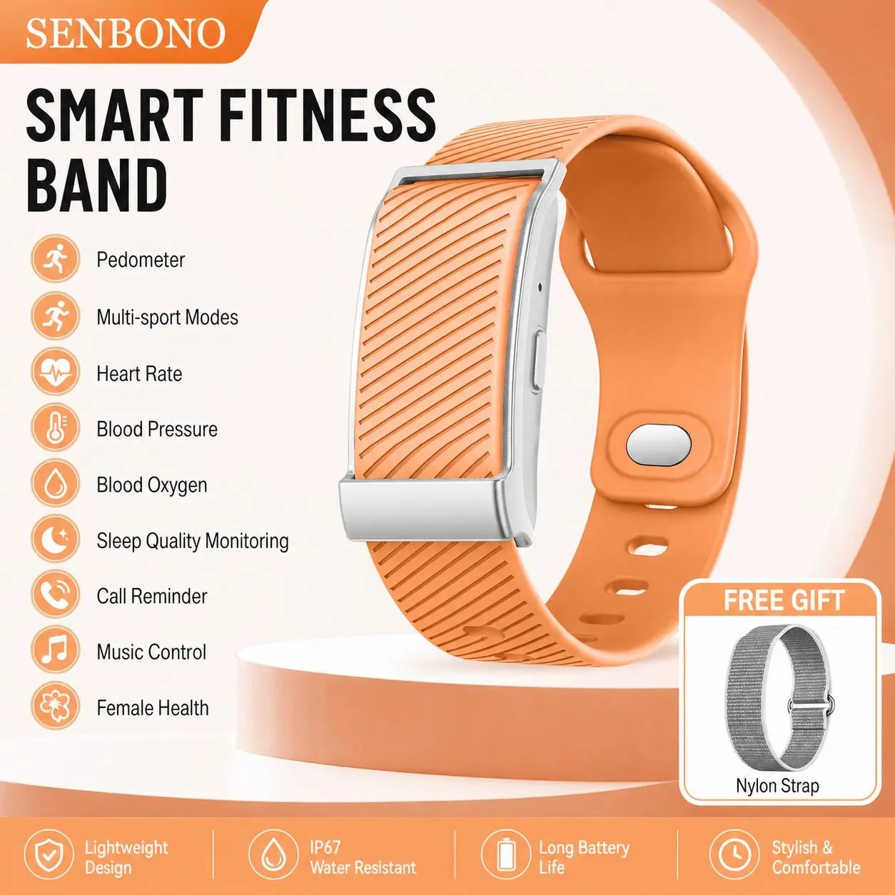SENBONO Smart bracelet  band, step/distance/calorie tracker, 3-in-1 heart rate+SpO2+BP, call/SMS/app notifications, female cycle assistant