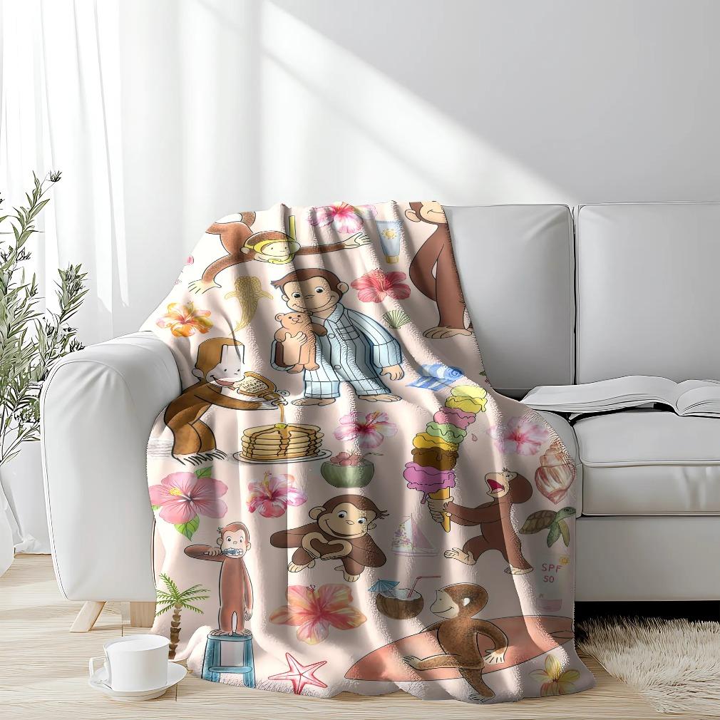Curious George Classic Flannel Throw Blanket - Tropical & Pajama Collage, Beach Surf Adventure, Pancake Scene Designs, Fade Resistant, Soft Cozy for Kids Beds, Children's Living Space Snuggle, Holiday Birthday Gift