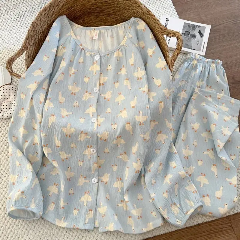 Sweet Cute Goose Print Sleepwear Korean Fashion Women's Pajamas Nightwear Casual Crew Neck Y2K Pajamas Set Spring New Loungewear