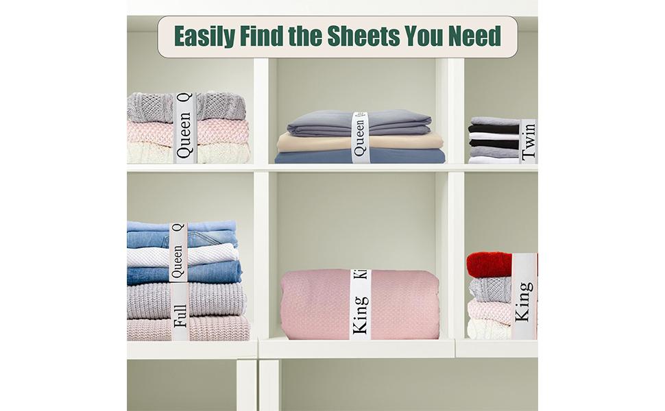 20 Pieces Bed Sheet Organizer Bands, Sheet Organizers and Label Bands, Sheets Organizer for Closet, Sheet Label for Bedding, Sheet Keepers Labels Bedding (Queen,KingTwin,Full)