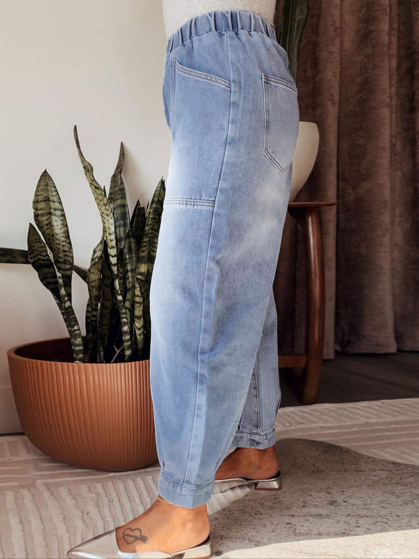 【The Stevie - Katrina's Exclusive】Women's Washed Elastic Waist Denim Pants, Casual Loose-Fit Pockets Jeans, Vintage Bottoms for Commute, Outdoor Activities & Daily Wear, Streetwear, Womenswear, TChic