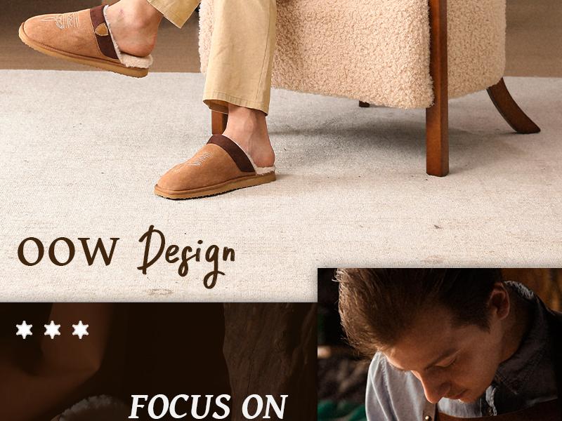 OOW Cowboy Boot Slippers for Men Western House Slippers Indoor & Outdoor Square Toe Chestnut Soft Faux Fur Lining Durable Cotton Fabric Flat Footwear